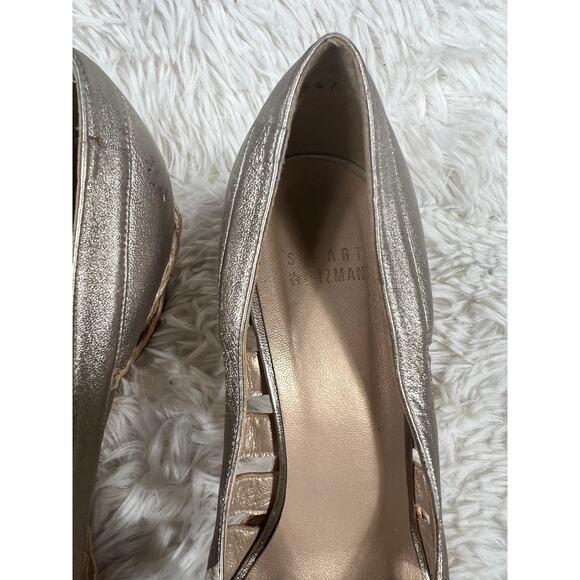 Stuart Weitzman Shoes Womens Size 8 Gold Metallic Espadrille Wedge Peep Toe - Picture 2 of 14